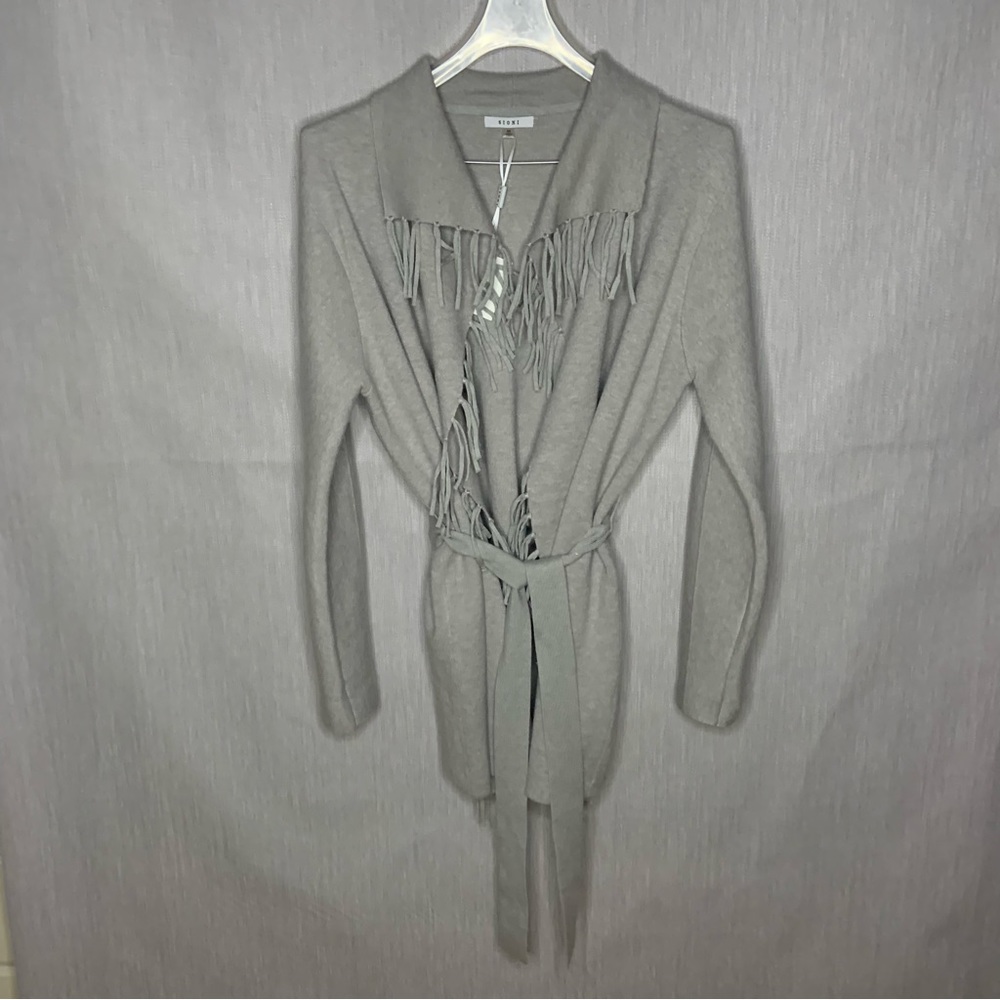 NWT Sioni Fringe Belted Cardigan Sweater | Long Sleeve | Light Silver | Size M
